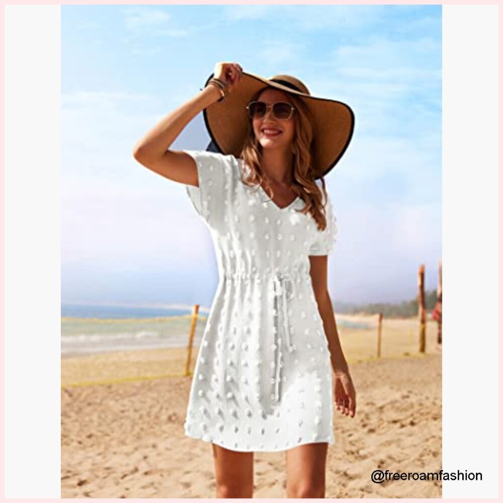 Large Swiss Dot Chiffon Swimsuit Cover Up Pom Pom Beachwear - Picture 2 of 6